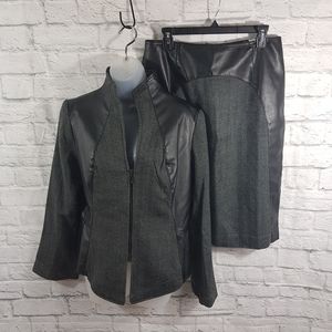 Mark Zunino 2 Piece Faux Leather & Frabic Herringbone Blazer & Skirt Set